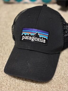Patagonia Black Mesh Snapback Hat with Multicolor Logo